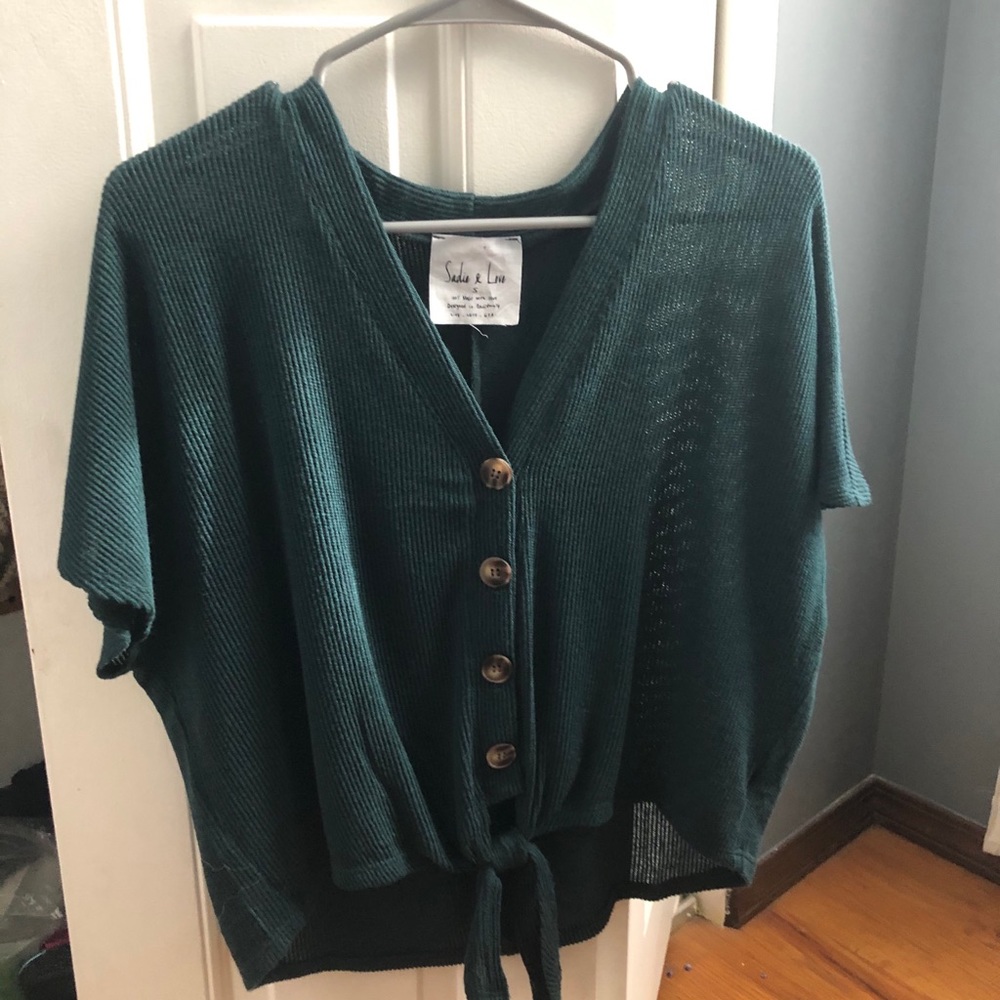 green button up tee